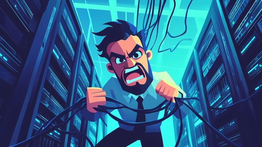 tu datacenter ya es un riesgo, ai generated, administrator, angry, system, frustration, cables, server, data center, technology, stress, chaos, computer, network, problem, tangled, server room, technician, tech support, cartoon, hardware, anger, admin