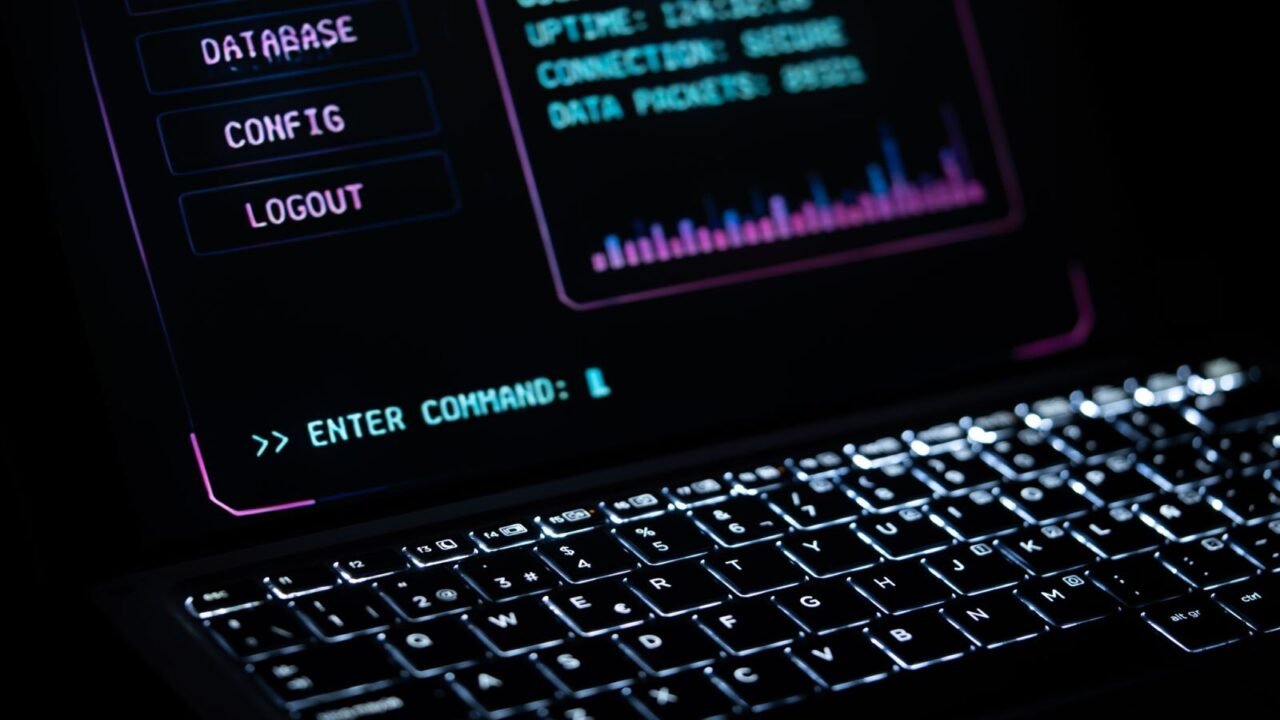 inteligencia artificial en ventas, Close-up of a glowing laptop keypad with digital interface, representing futuristic technology.
