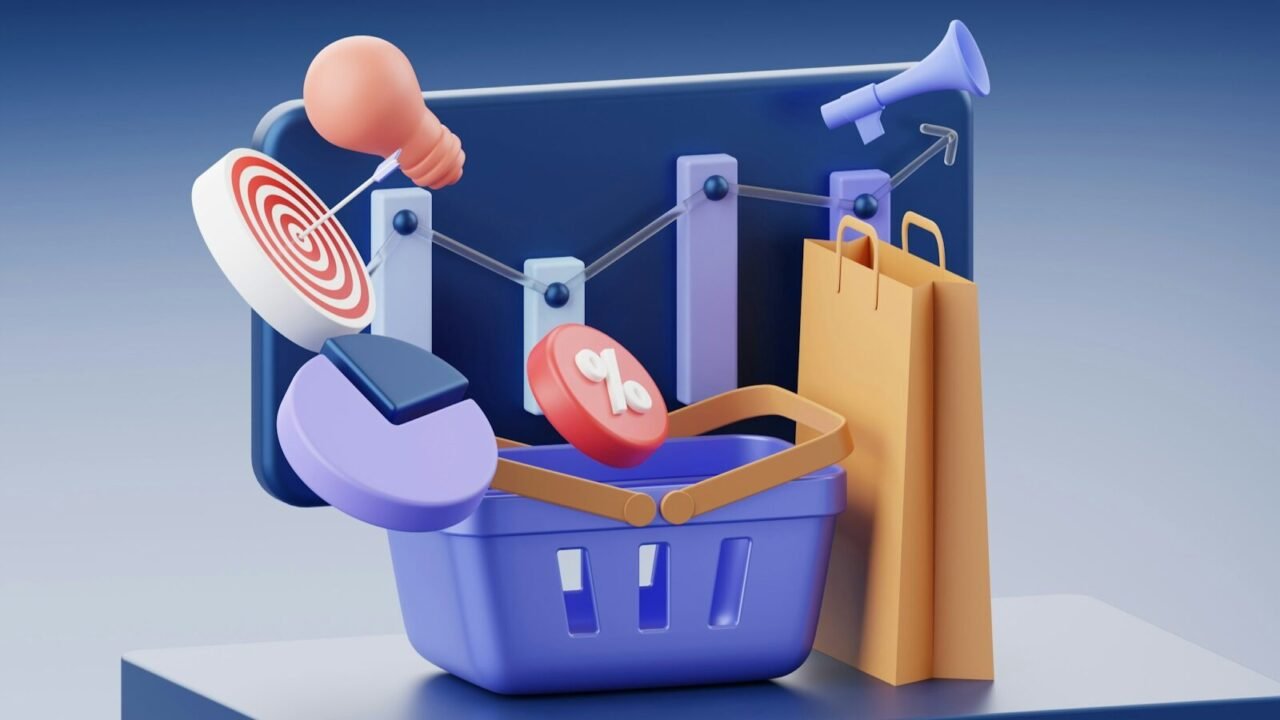 alineación entre marketing y ventas, A shopping basket, paper bag, target, and chart icons on a blue background
