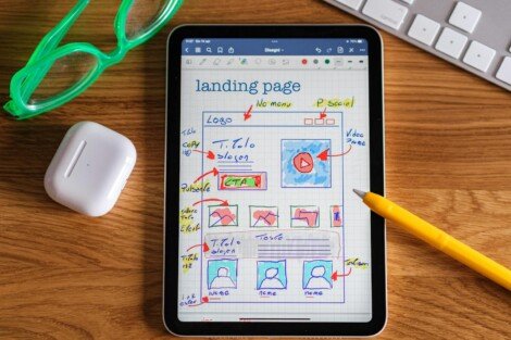 landing page, Close-up of tablet showing a hand-drawn landing page design, ideal for web development concepts.