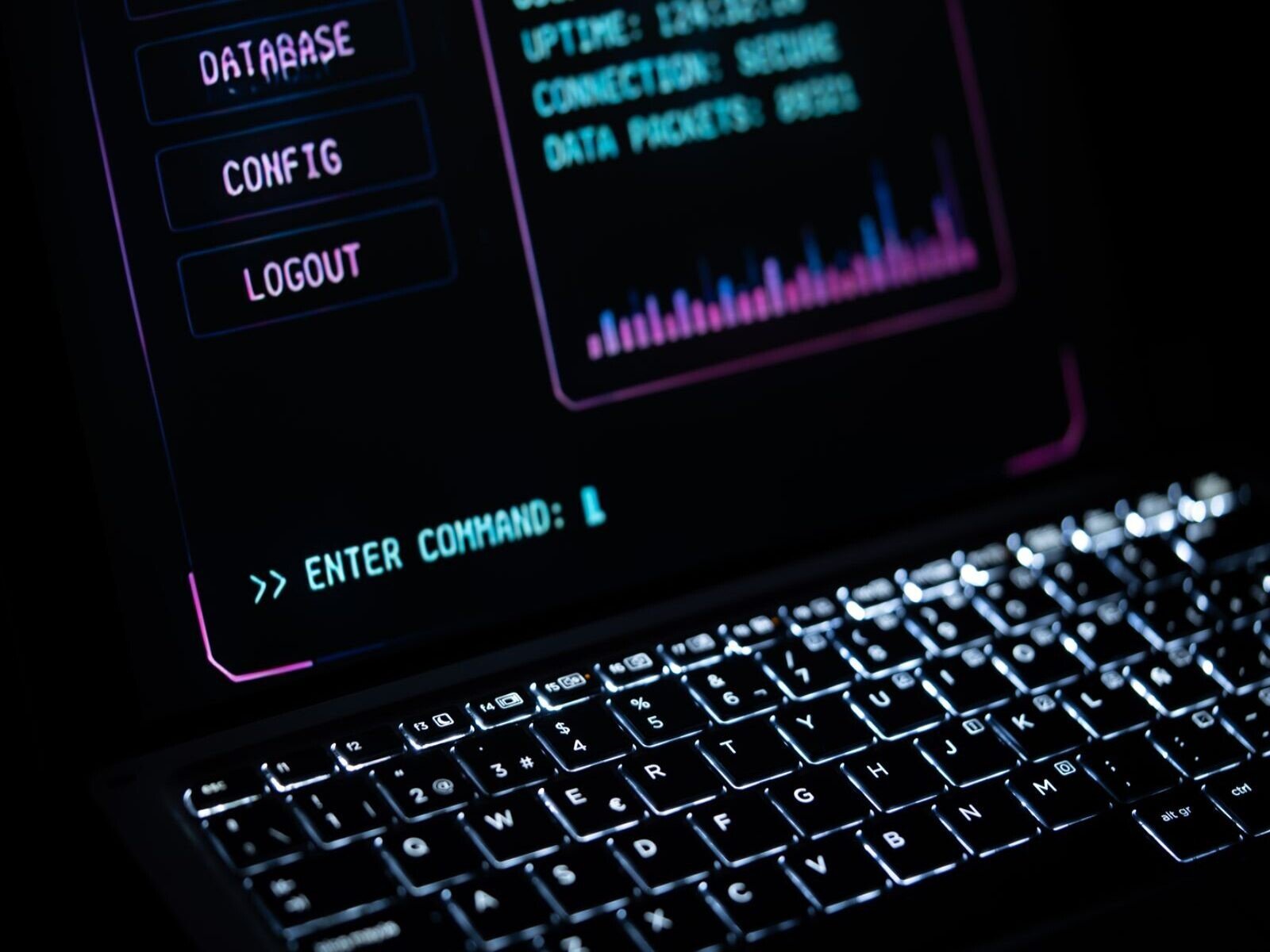 inteligencia artificial en ventas, Close-up of a glowing laptop keypad with digital interface, representing futuristic technology.