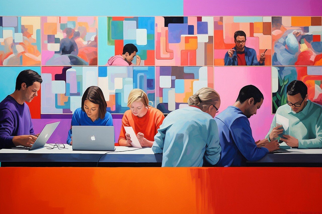 transformación efectiva, ai generated, people, teamwork, collaboration, diversity, office, colorful, working, laptop, computer, modern