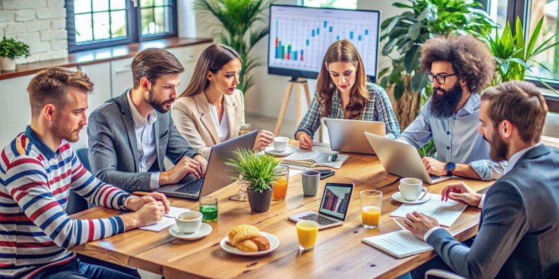 clima laboral positivo , ai generated, business, meeting, colleagues, coworkers, group, people, office, teamwork, brainstorm