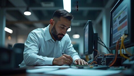 servicio tecnológico integral, ai generated, man, repair, male, arabic, engineer, computer, technician, office, work, professional, screwdriver, tool, maintenance, fix, equipment, electronic components, circuit, ram, hardware, motherboard, processor, board