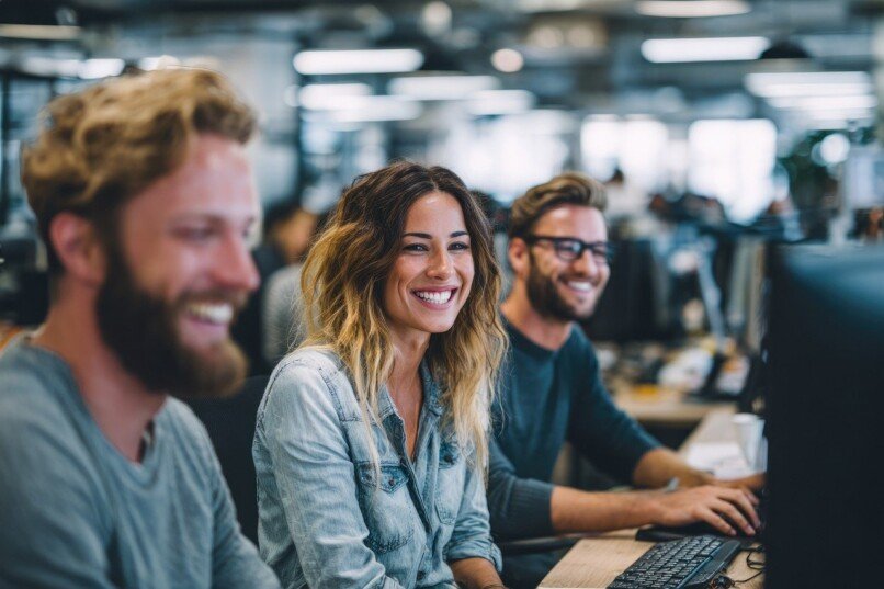 7 habilidades blandas, ai generated, business, office, team, happy, creative, working, collaboration, woman, happy employees, creative office, working together, technology, business people, young professionals, people