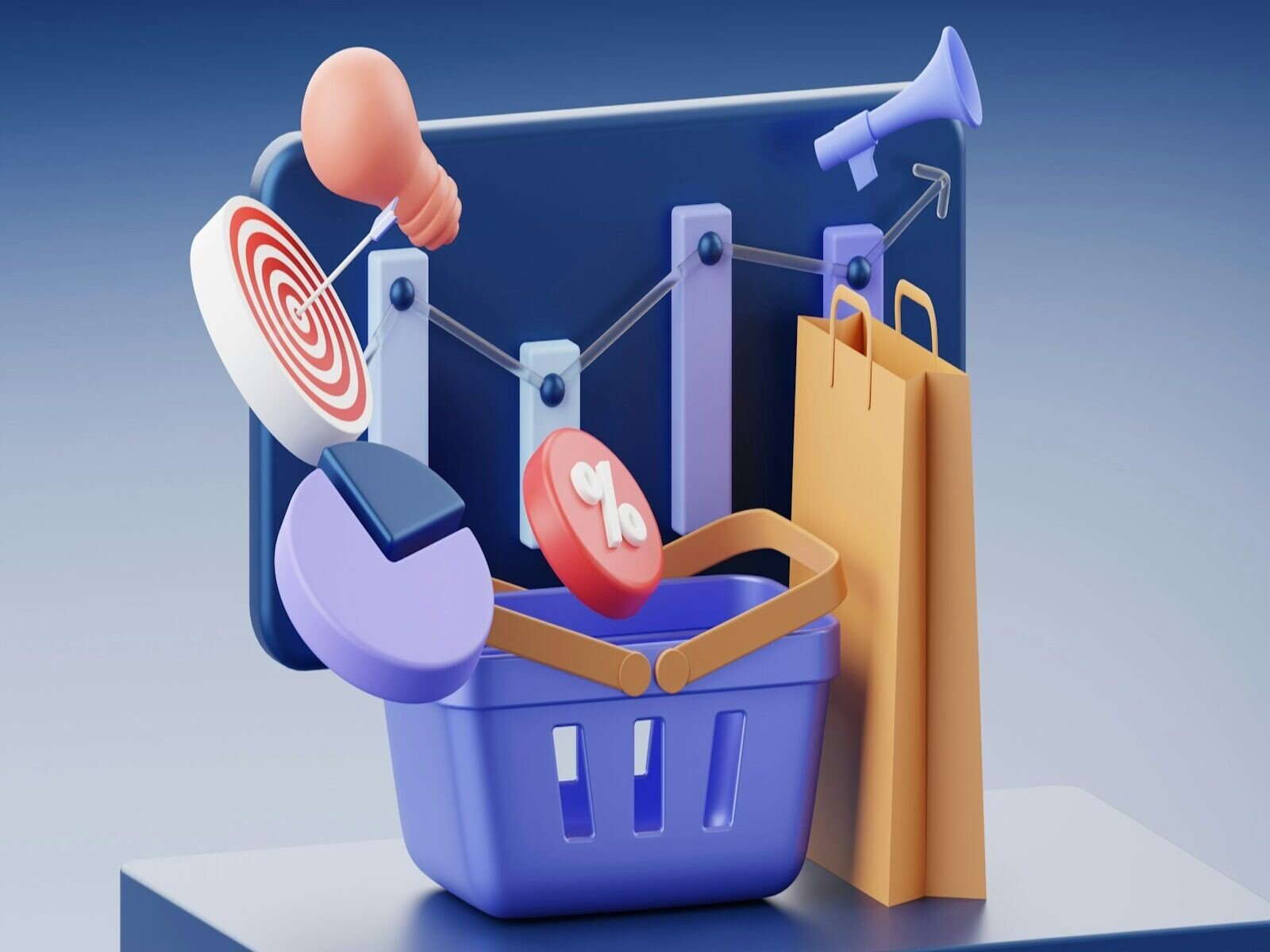 alineación entre marketing y ventas, A shopping basket, paper bag, target, and chart icons on a blue background